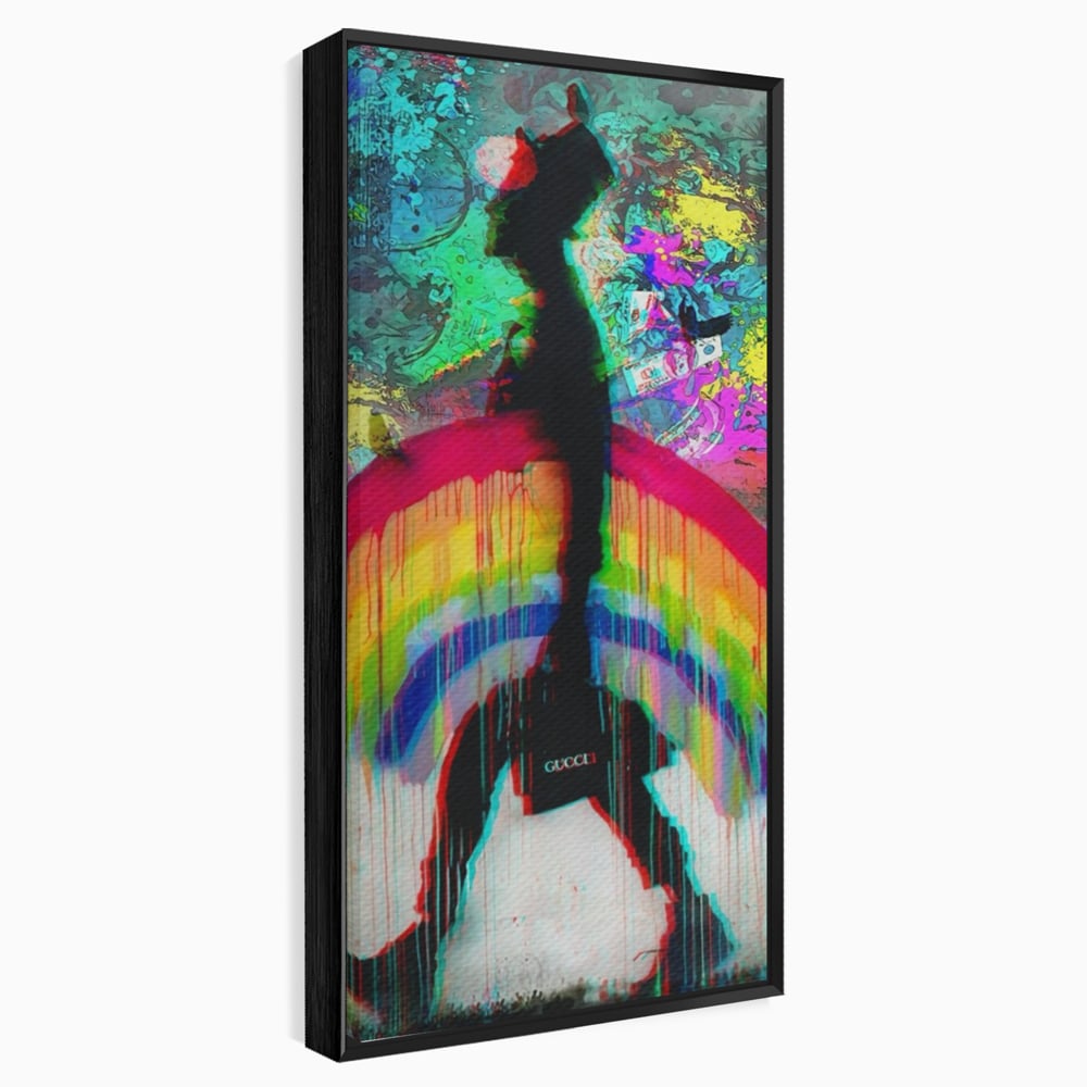 Tablou canvas cu tablou canvas cu silueta si curcubeu graffiti, in rama de aluminiu negru
